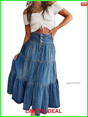 High Waist Long Denim Skirt Button-Fly Tiered Ruffle Swing A-Line Jean Maxi